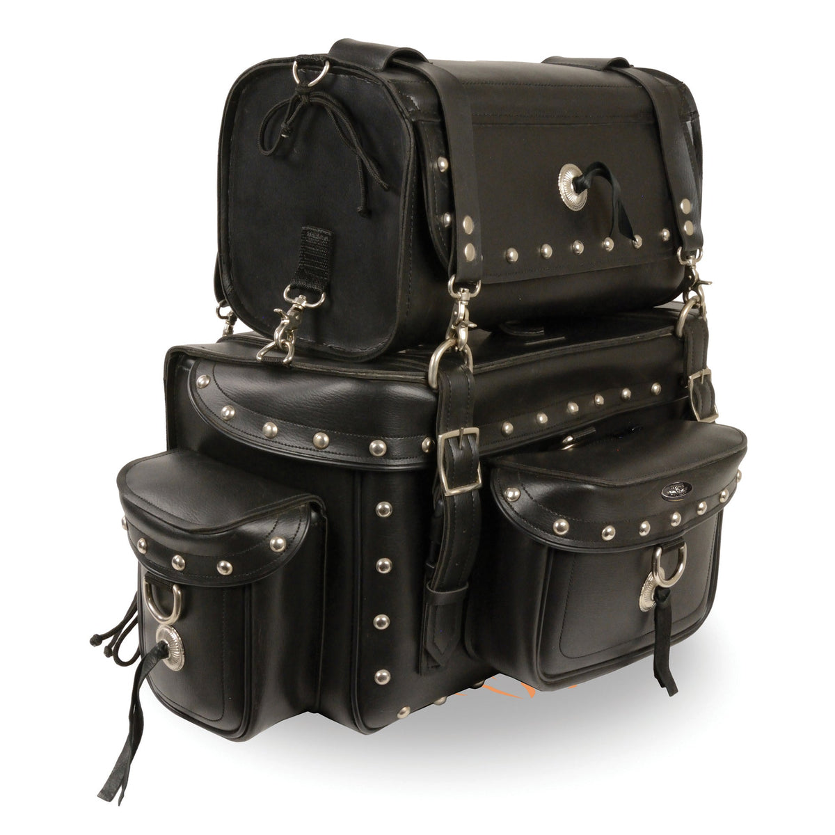 HighwayLeather two-piece studded touring pack sissy bar bag with straps, 18x12x9 inches, designed for motorcycle touring.