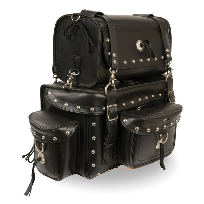 HighwayLeather two-piece studded touring pack sissy bar bag with straps, 18x12x9 inches, designed for motorcycle touring.