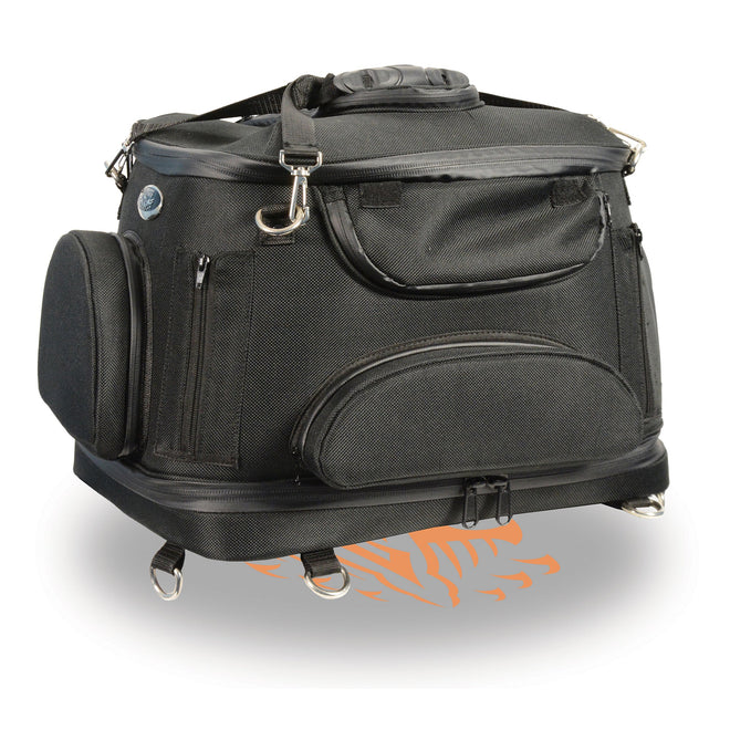 Heavy duty motorcycle pet carrier sissy bar bag on a Biker Bag, made by HighwayLeather, showing its size and durable design.