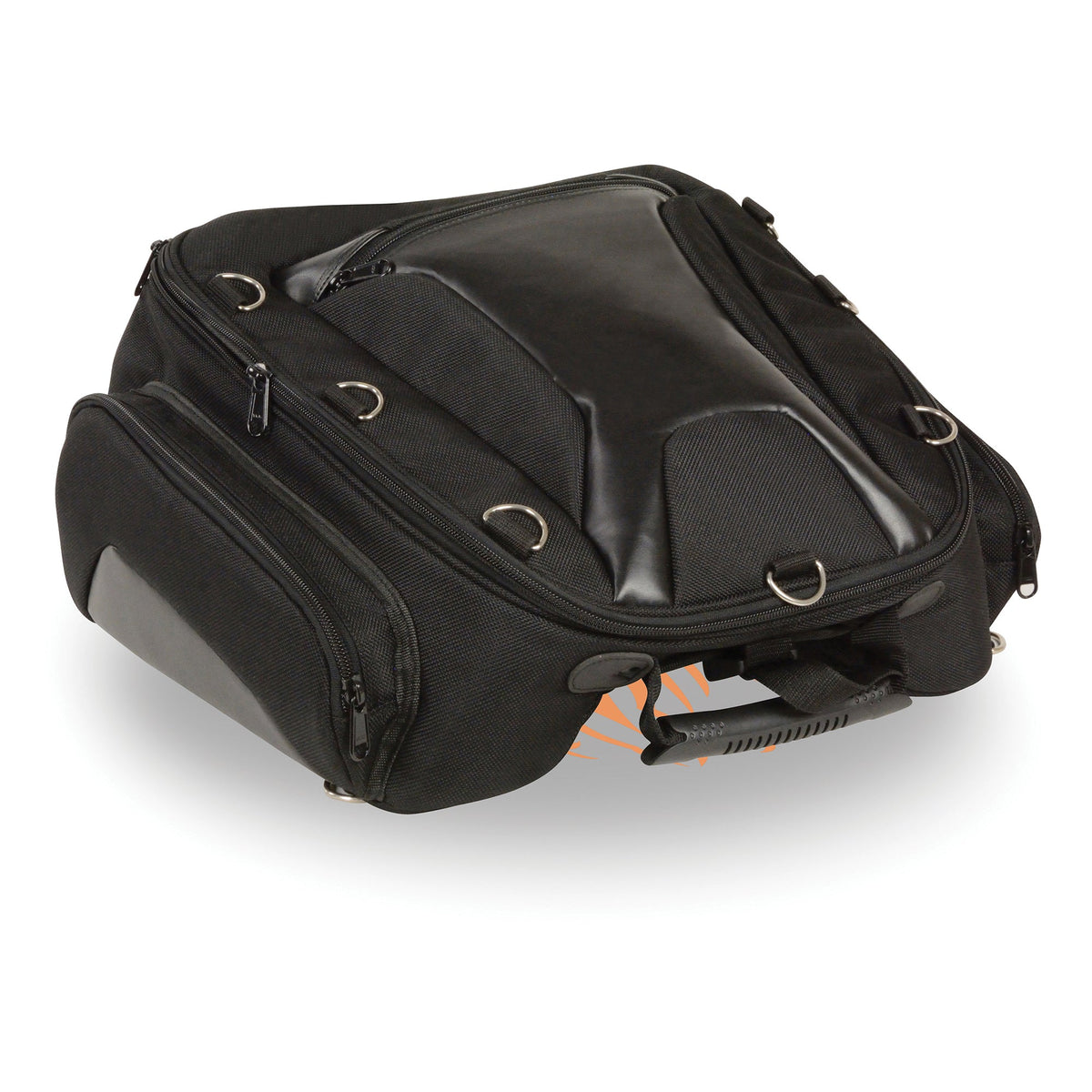 HighwayLeather textile back rack sissy bar bag with four outer pockets, measuring 14x16x16 inches, designed for motorcycle storage.