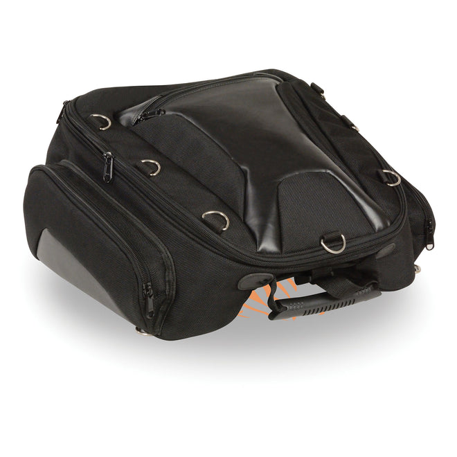 HighwayLeather textile back rack sissy bar bag with four outer pockets, measuring 14x16x16 inches, designed for motorcycle storage.