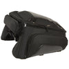 HighwayLeather biker bag with textile back rack sissy bar bag featuring four outer pockets, measuring 14x16x16 inches.