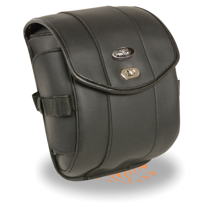 Milwaukee Leather small cruiser-style biker bag with turn clasp and zipper, featuring sissy bar attachment, 18x11x4.5 inches.