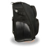 Large textile roll-away luggage sissy bar bag by HighwayLeather for bikers, measuring 15x21x11 inches, mounted on a motorcycle.