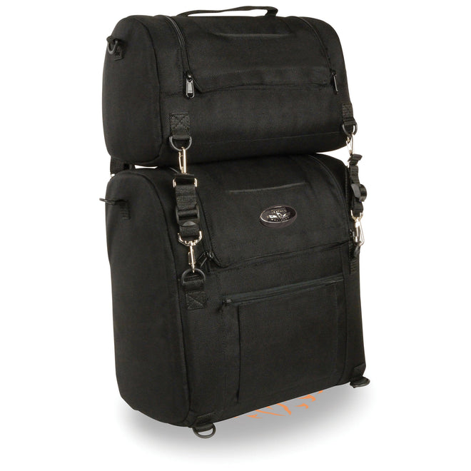 Large textile two-piece Sissy Bar Bag by HighwayLeather for bikers, featuring durable fabric and spacious storage for motorcycle trips.