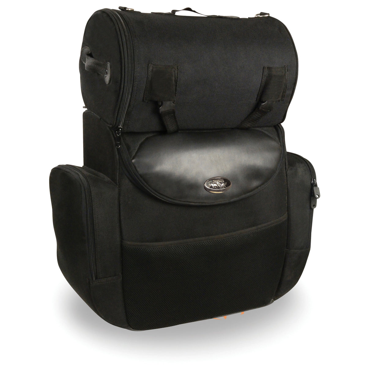 Large two-piece deluxe sissy bar bag for motorcycles by HighwayLeather, featuring 14.5x16x7-inch biker bag with sturdy design.