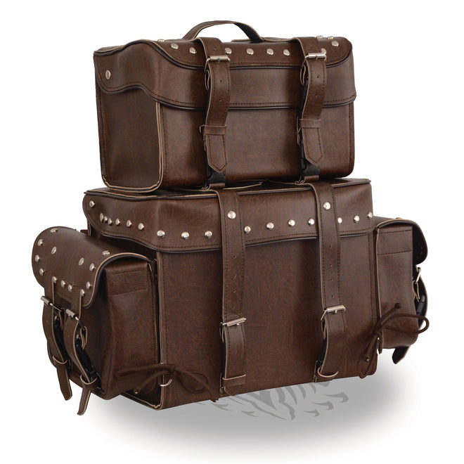 Large antique brown four-piece biker bag set with studded PVC touring pack and barrel bag, HighwayLeather motorcycle luggage.