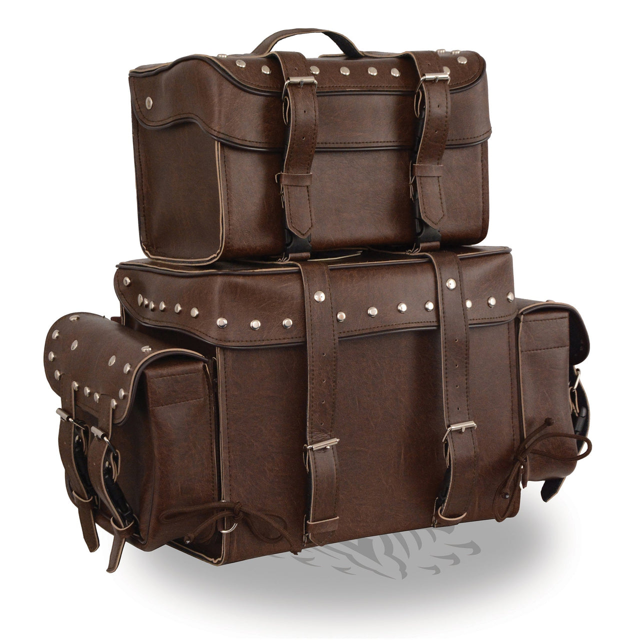 Large Antique Brown Four Piece Studded PVC Touring Pack w/ Barrel Bag (18X16X9) - HighwayLeather