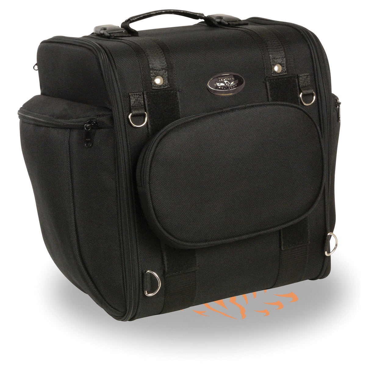 HighwayLeather Medium textile back rest sissy bar rack bag on motorcycle, 14x16x11 inches, biker bag for secure storage.