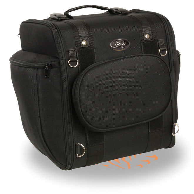 HighwayLeather Medium textile back rest sissy bar rack bag on motorcycle, 14x16x11 inches, biker bag for secure storage.