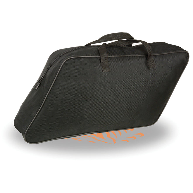 Large textile slant saddlebag liner with carry handle for biker bags, designed by HighwayLeather, measures 19x11x6 inches.