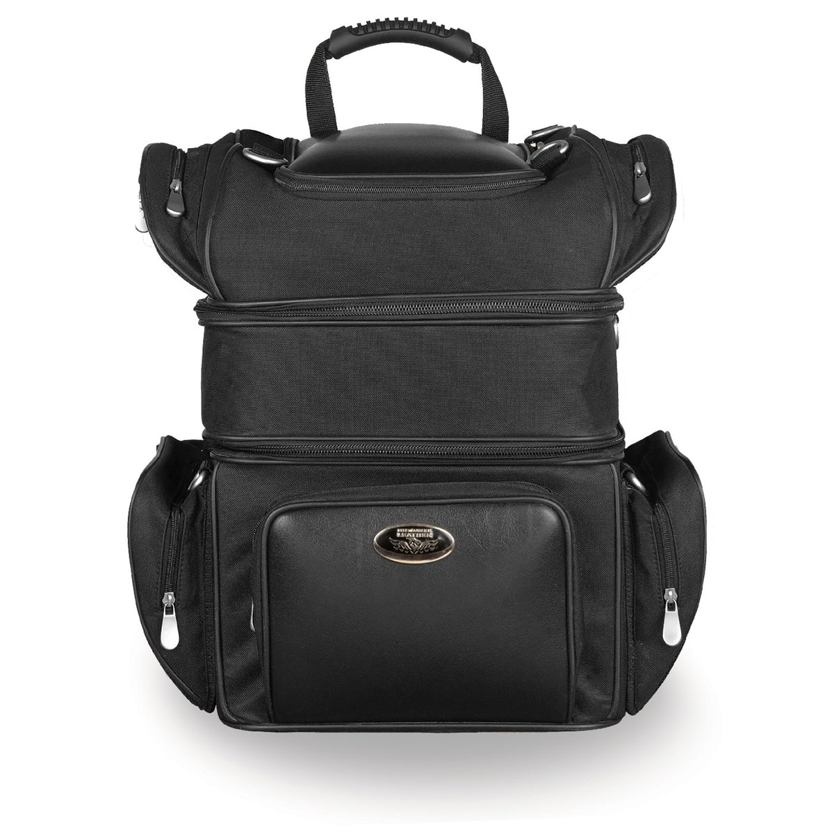 HighwayLeather triple barrel sissy bar rack bag with five bonus pockets, 12x17x10 inches, designed for motorcycle storage and organization.
