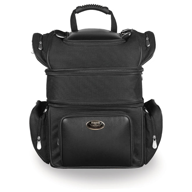 HighwayLeather triple barrel sissy bar rack bag with five bonus pockets, 12x17x10 inches, designed for motorcycle storage and organization.