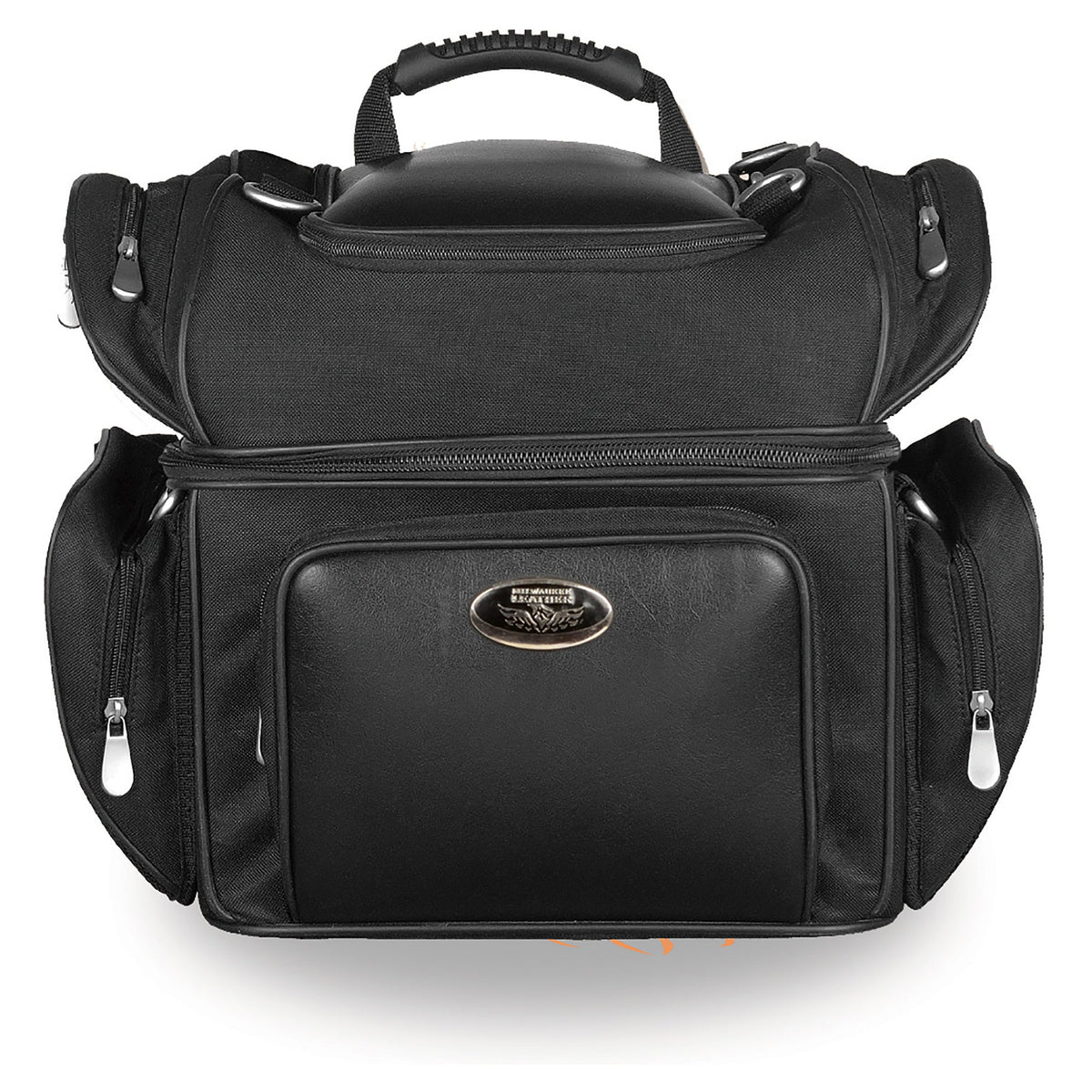 Dynamicleather double barrel sissy bar rack bag with five bonus pockets, measuring 12x14x10 inches, for motorcycle storage.