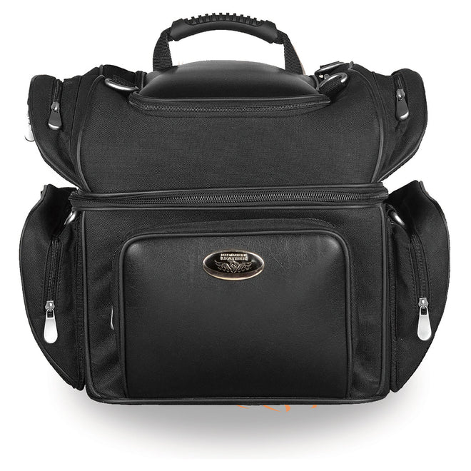 Dynamicleather double barrel sissy bar rack bag with five bonus pockets, measuring 12x14x10 inches, for motorcycle storage.