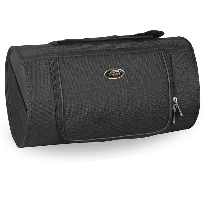 HighwayLeather biker bag with textile roll top design, zipper closure, 15.5x8.5x8.5 inches, durable and stylish for motorcycle riding.
