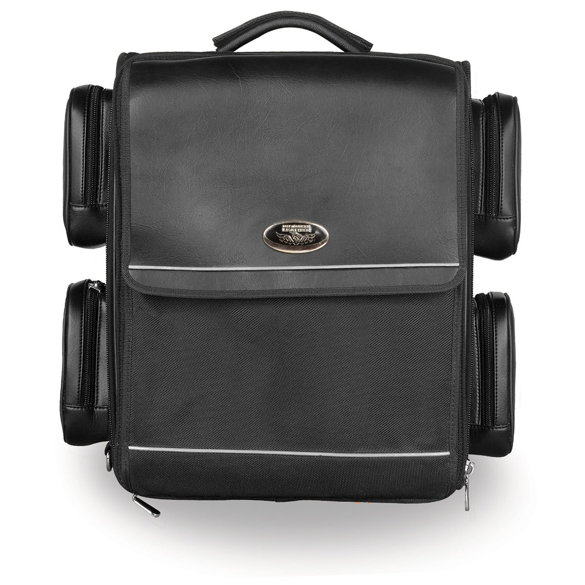 Milwaukee Leather PVC sissy bar bag with four bonus outer pockets, 18 x 18.5 x 10.5 inches, for motorcycle storage.