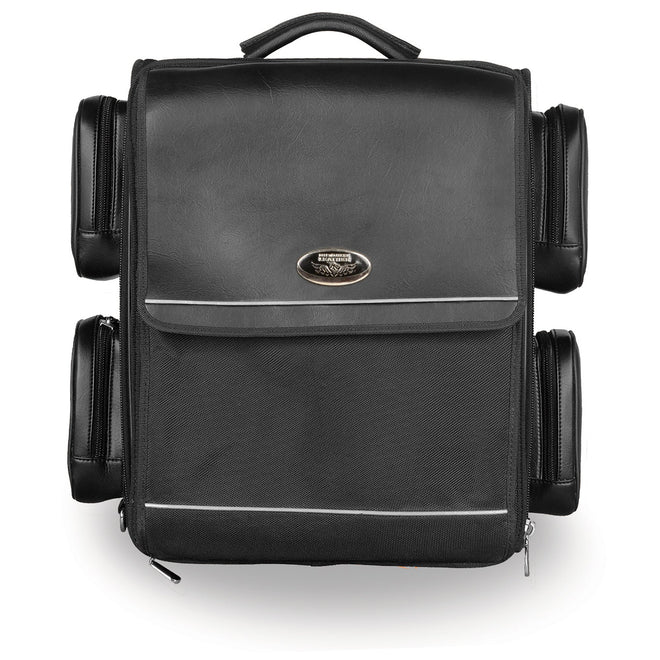 Milwaukee Leather PVC sissy bar bag with four bonus outer pockets, 18 x 18.5 x 10.5 inches, for motorcycle storage.