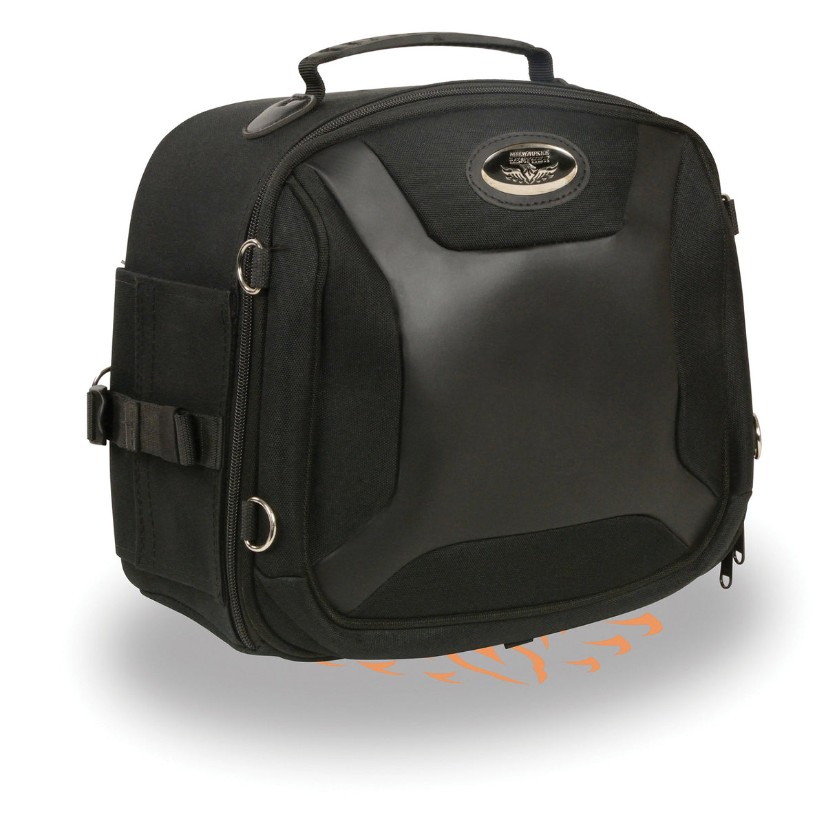 HighwayLeather Sporty Style PVC Sissy Bar Rack Bag on motorcycle, 12x11x6 inches, durable biker bag with secure mounting