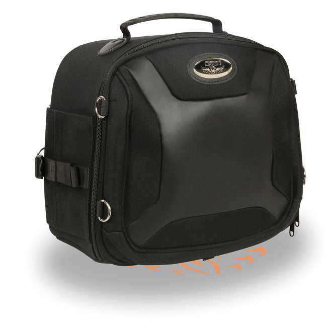 HighwayLeather Sporty Style PVC Sissy Bar Rack Bag on motorcycle, 12x11x6 inches, durable biker bag with secure mounting