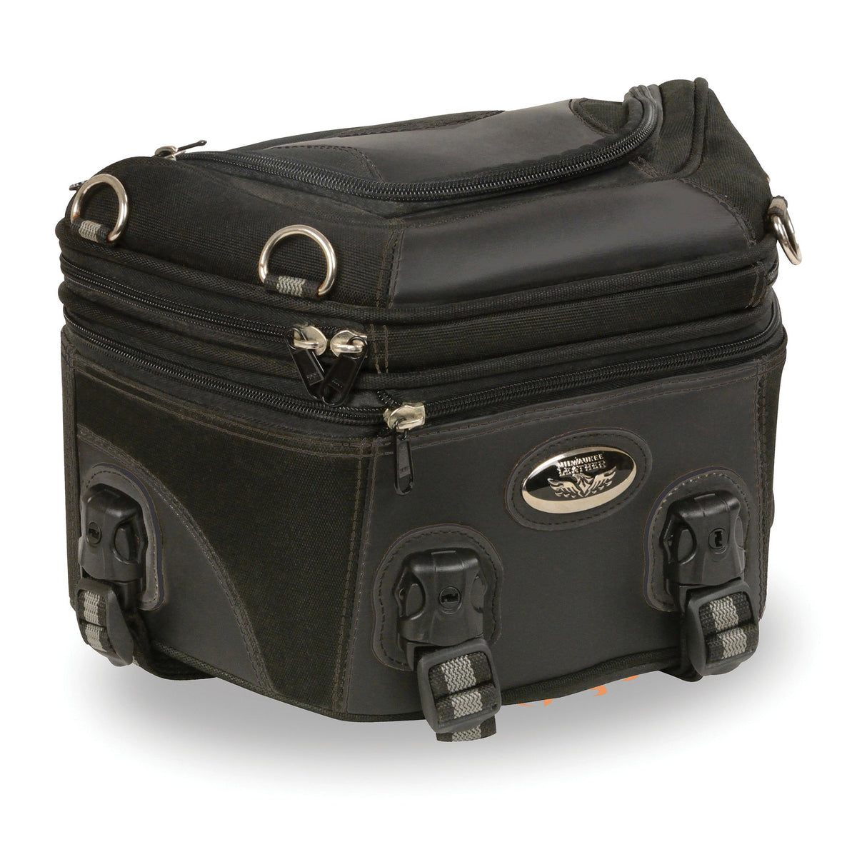 Dynamicleather Biker Bags rear rack bag made of PVC and textile, 12x9x7 inches with multiple compartments for motorcycle storage.