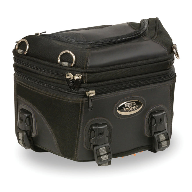 Dynamicleather Biker Bags rear rack bag made of PVC and textile, 12x9x7 inches with multiple compartments for motorcycle storage.