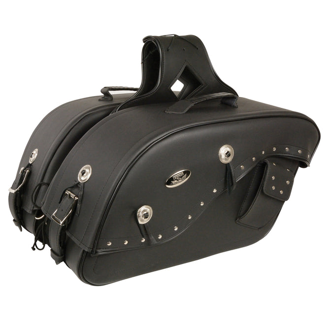 Large cruiser style riveted biker saddle bag by HighwayLeather, 20x13x7x25 inches, durable leather throw-over motorcycle storage