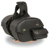 Dynamicleather cruiser style slant pouch throw-over saddle bag for bikers, black leather with metal hardware and spacious interior.