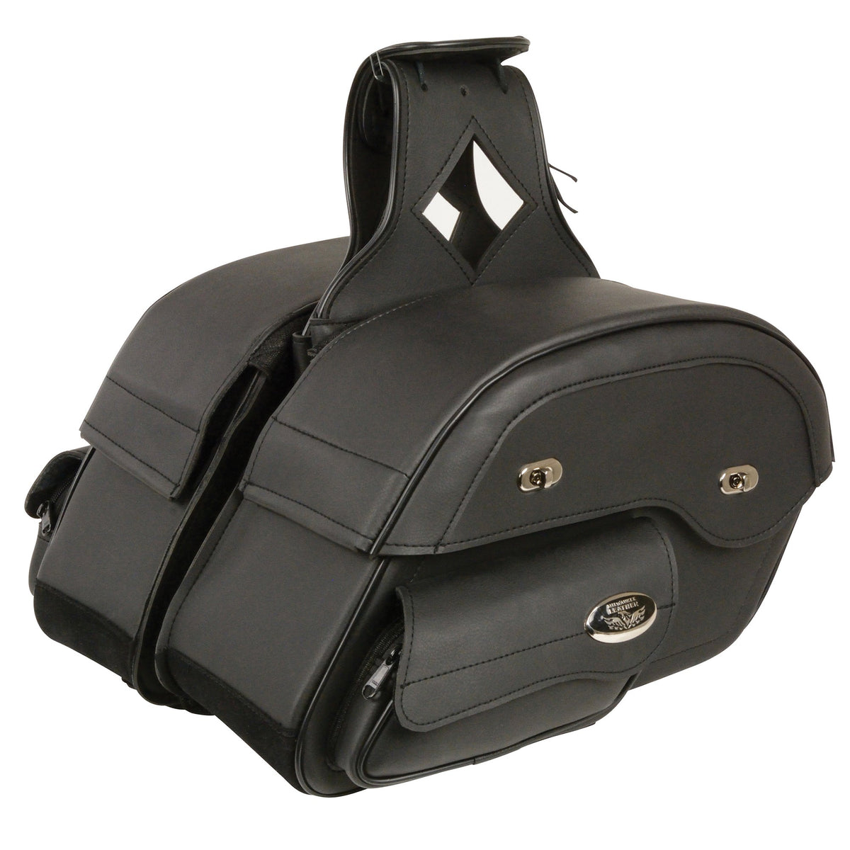 HighwayLeather cruiser style slant saddle bag for bikers, featuring a throw-over design with durable leather and multiple compartments.