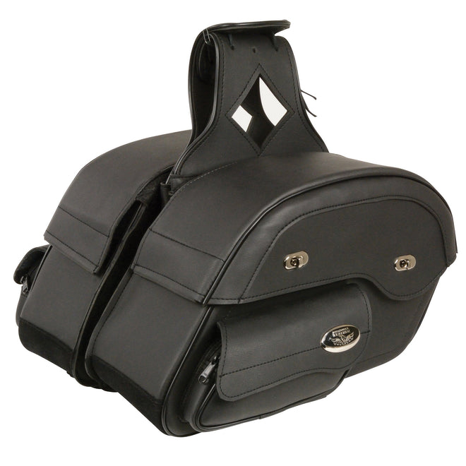 HighwayLeather cruiser style slant saddle bag for bikers, featuring a throw-over design with durable leather and multiple compartments.