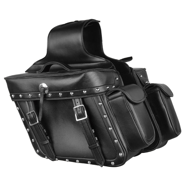 HighwayLeather zip-off PVC studded throw-over motorcycle saddle bag with side pockets, 14x12x6x21 inches, for textile motorcycle gloves.