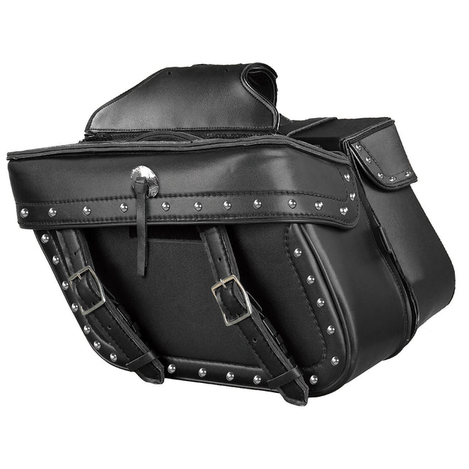 HighwayLeather motorcycle gloves with zip-off PVC studded throw-over saddle bag featuring double straps and multiple compartments.