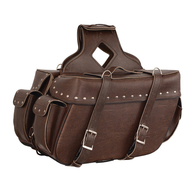 HighwayLeather large antique brown zip-off PVC motorcycle saddle bag with riveted design, measuring 16x11x6x22 inches.