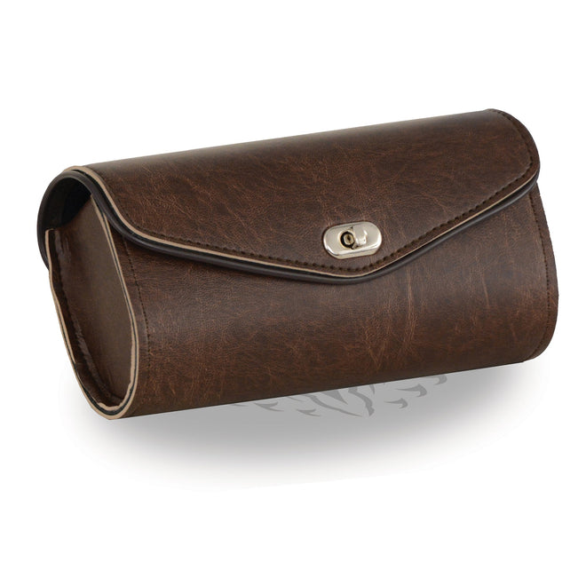 Large antique brown PVC windshield bag by HighwayLeather with clip, thigh, and fan bag features, measuring 10x4.5x3.5 inches.