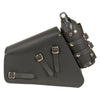 Left side PVC swing arm biker bag by Dynamicleather with bottle holder, interior gun and ammo holster, 13x7x3 inches.