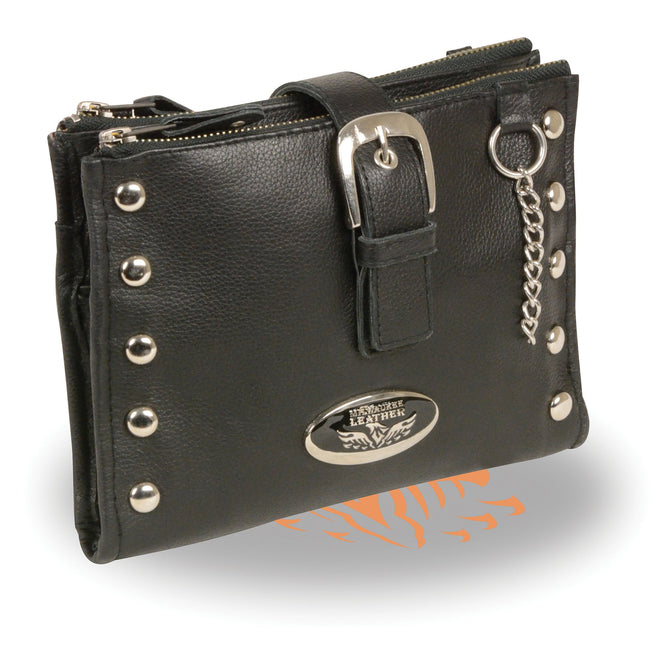 Leather studded wallet shoulder bag by HighwayLeather, featuring a compact design with metal stud accents and adjustable strap.