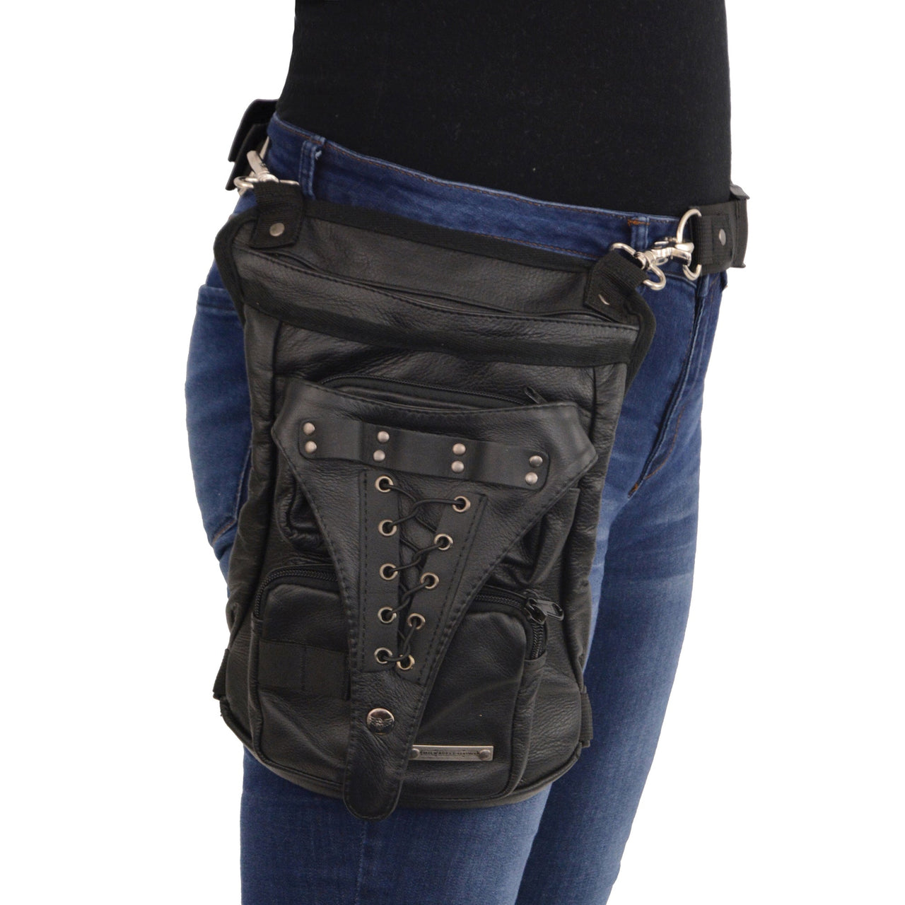 Conceal & Carry Black Leather Thigh Bag w/ Waist Belt - HighwayLeather