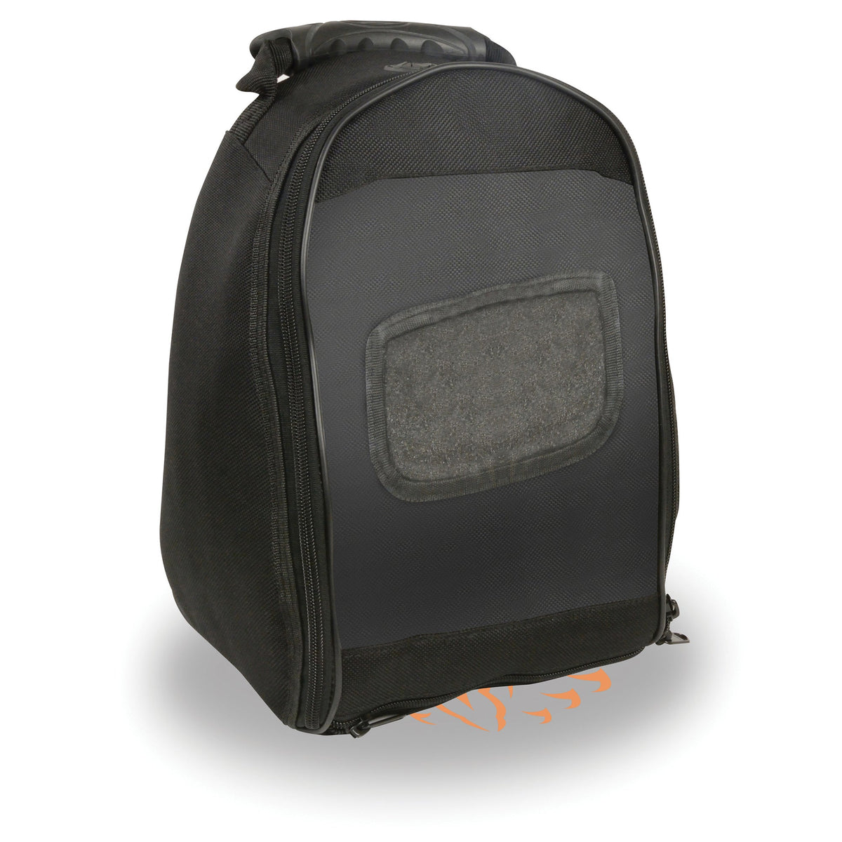Large textile magnetic tank bag with carry handle from Dynamicleather, designed for motorcycle use, shown on a bike tank.