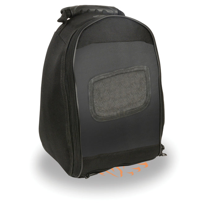 Large textile magnetic tank bag with carry handle from Dynamicleather, designed for motorcycle use, shown on a bike tank.
