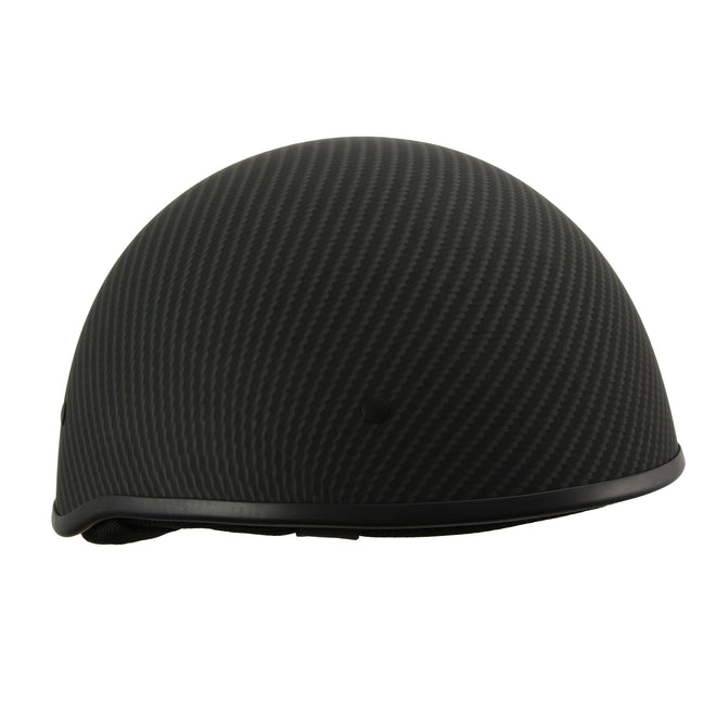 Milwaukee Leather MPH DOT half helmet with matte black finish and carbon fiber look, designed for motorcycle riding safety.