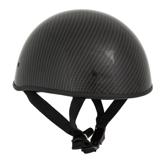 Shiny black MPH DOT half helmet with a carbon fiber look from Milwaukee Leather, featuring sleek design and secure strap.