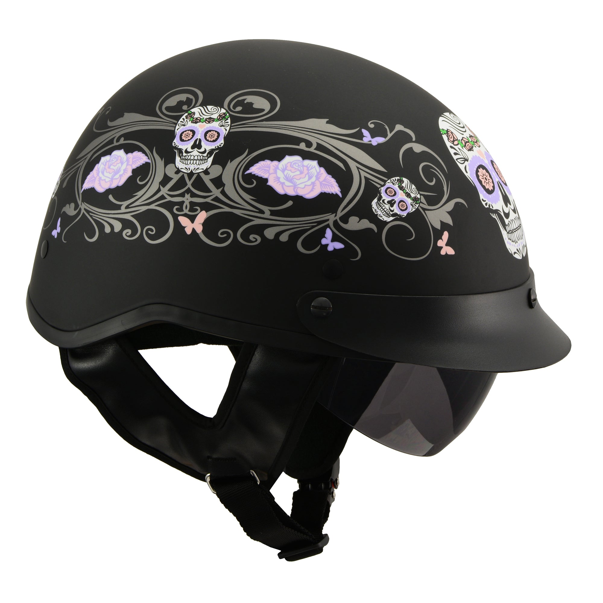 MPH DOT Helmet w/ Drop Sun Visor Sugar Skull Graphic Shiny