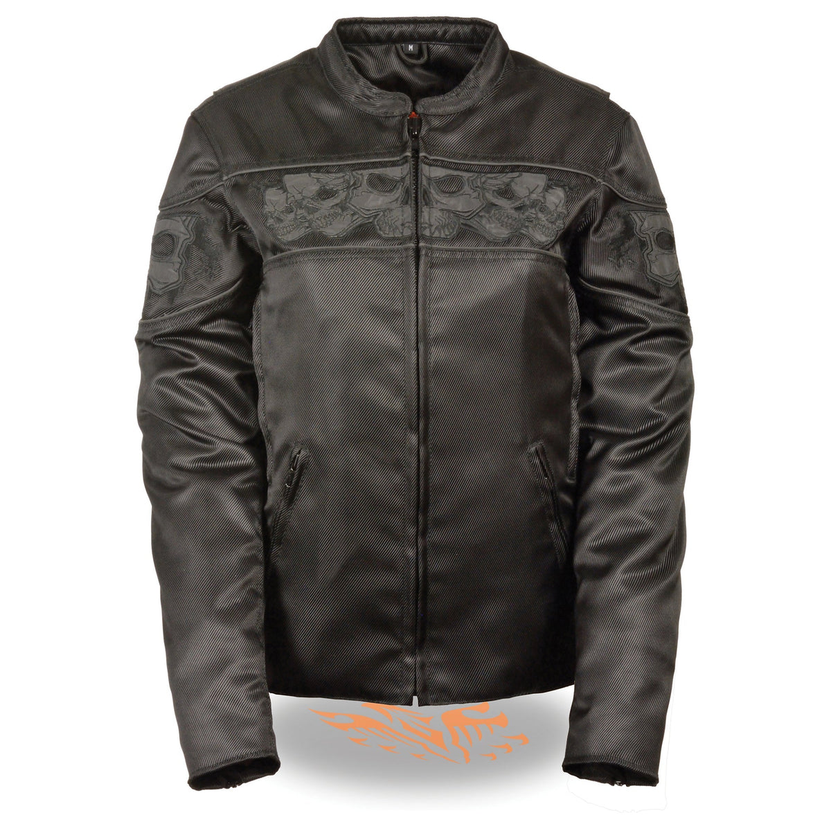 Women's crossover textile scooter jacket with reflective skulls by HighwayLeather, featuring a stylish design and protective fit.