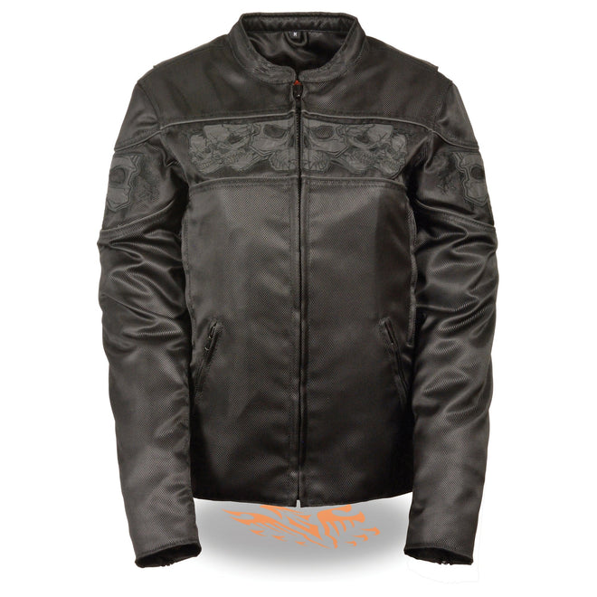 Women's crossover textile scooter jacket with reflective skulls by HighwayLeather, featuring a stylish design and protective fit.
