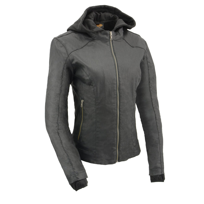 Women’s black zipper front jacket with full sleeves and removable hoodie, by HighwayLeather, stylish women’s jacket image.