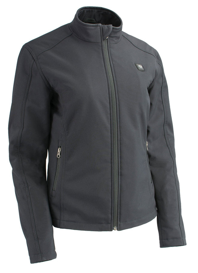 Black women's zipper front heated soft shell jacket by HighwayLeather with front and back heating elements.