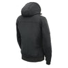 Women's heated soft shell racing style jacket with detachable hood by HighwayLeather, shown in black.