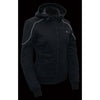 Women's heated soft shell racing style jacket with detachable hood by HighwayLeather, shown in a sleek design with front zipper and hood.