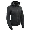 Women's HighwayLeather heated soft shell racing style jacket with detachable hood, shown with front view and zip details.
