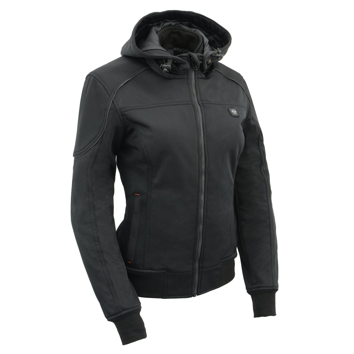 Women's HighwayLeather heated soft shell racing style jacket with detachable hood, shown with front view and zip details.